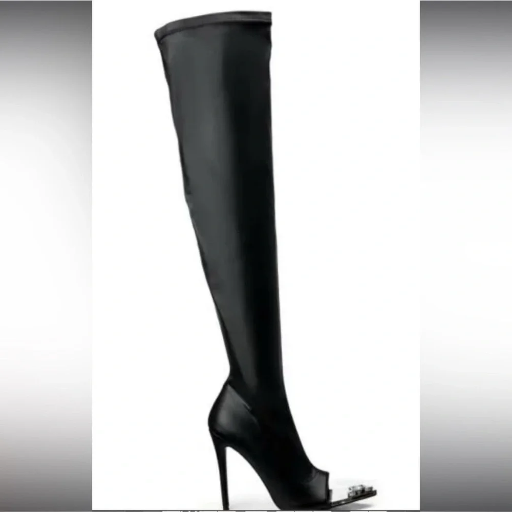 Azalea Wang “Clover” Over-the-Knee Peep-Toe Boots Size 9 Black